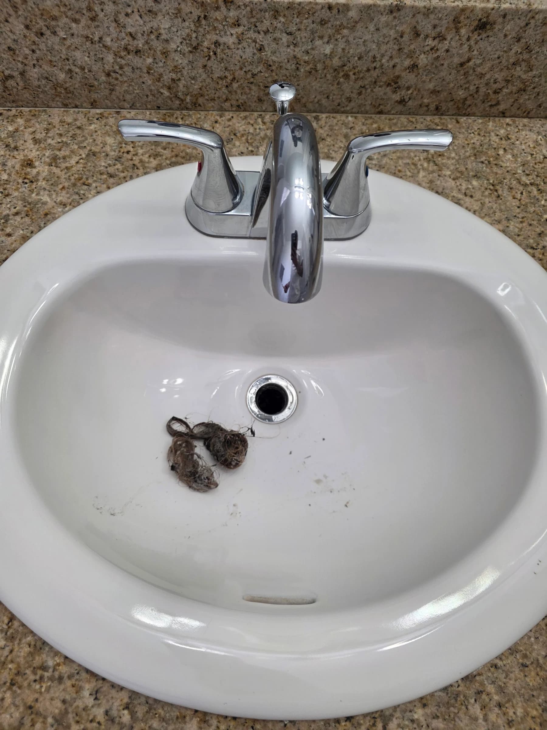 Hair from a vanity drain — the usual cause of a slow bathroom sink.